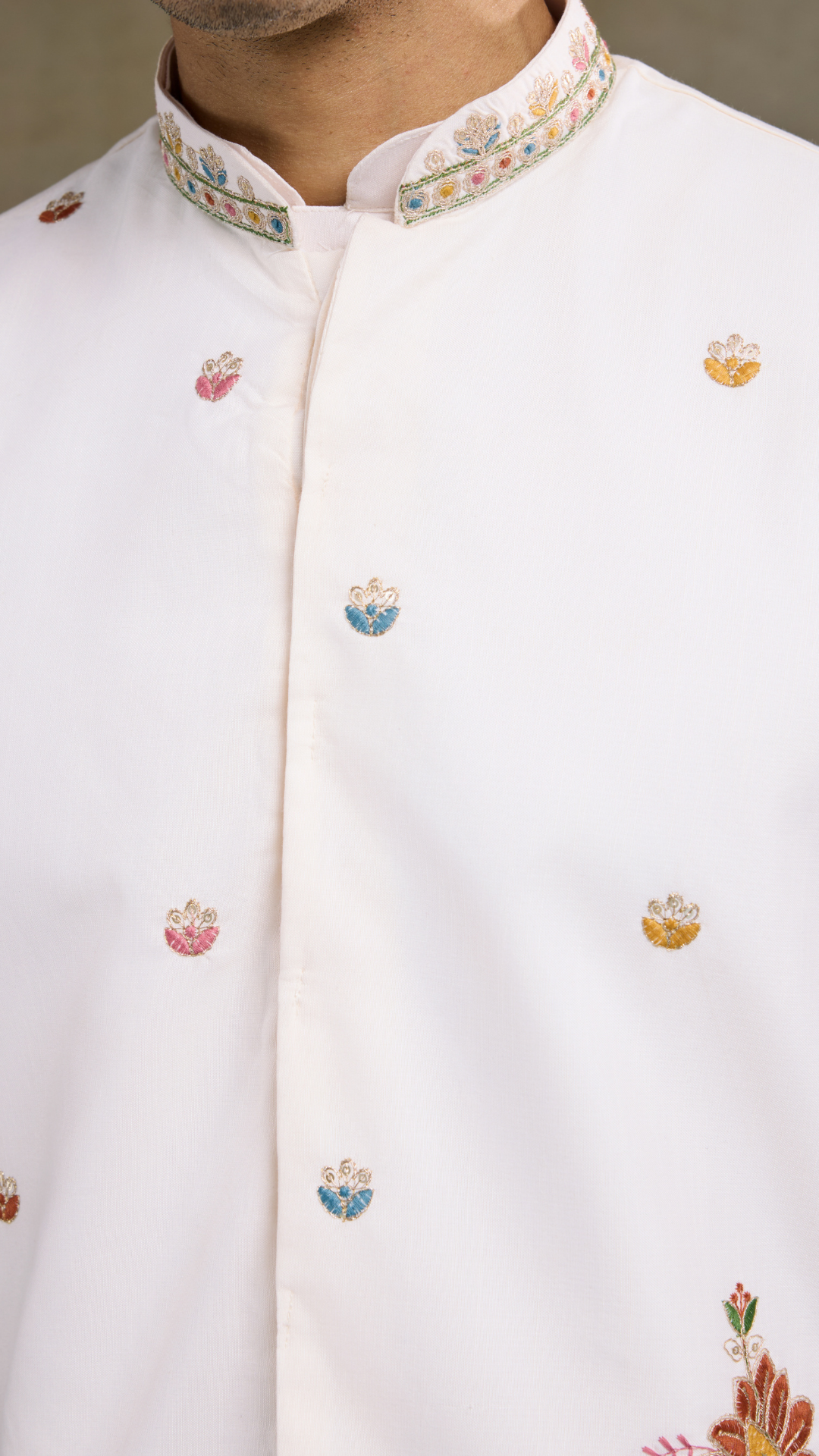 Designer White Cotton Kurta with Embroidered Koti
