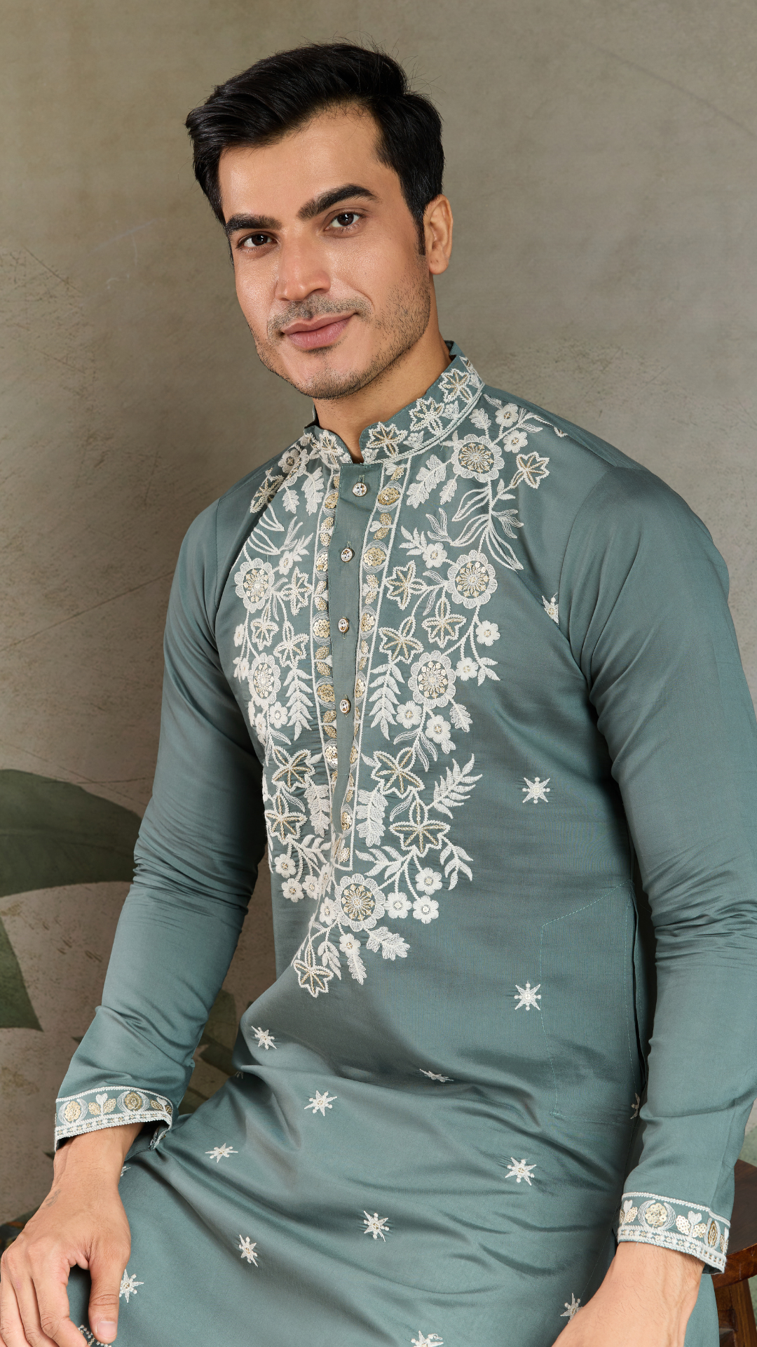 Pastel Pista Viscose Silk Embroidered Kurta for Men