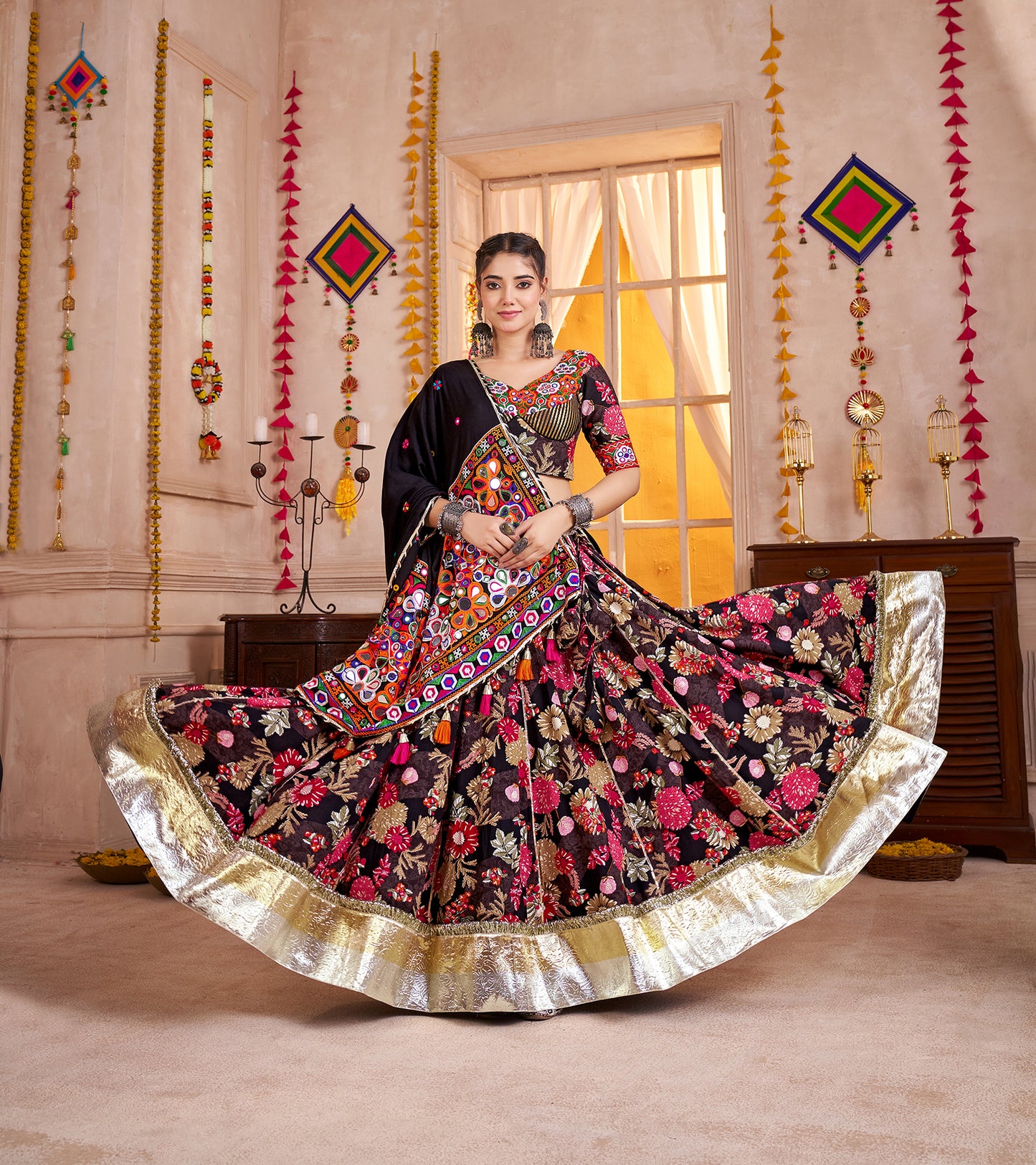 Premium Black Cotton Printed Navratri Chaniya Choli