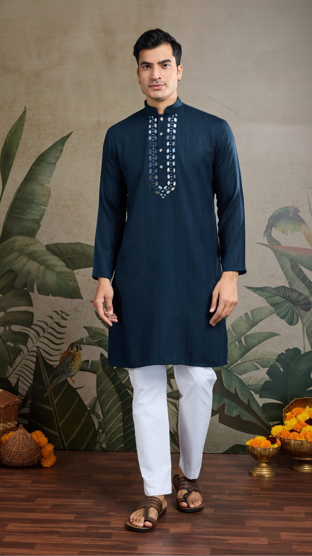 Teal Blue Viscose Rayon Kurta with Mirror Work