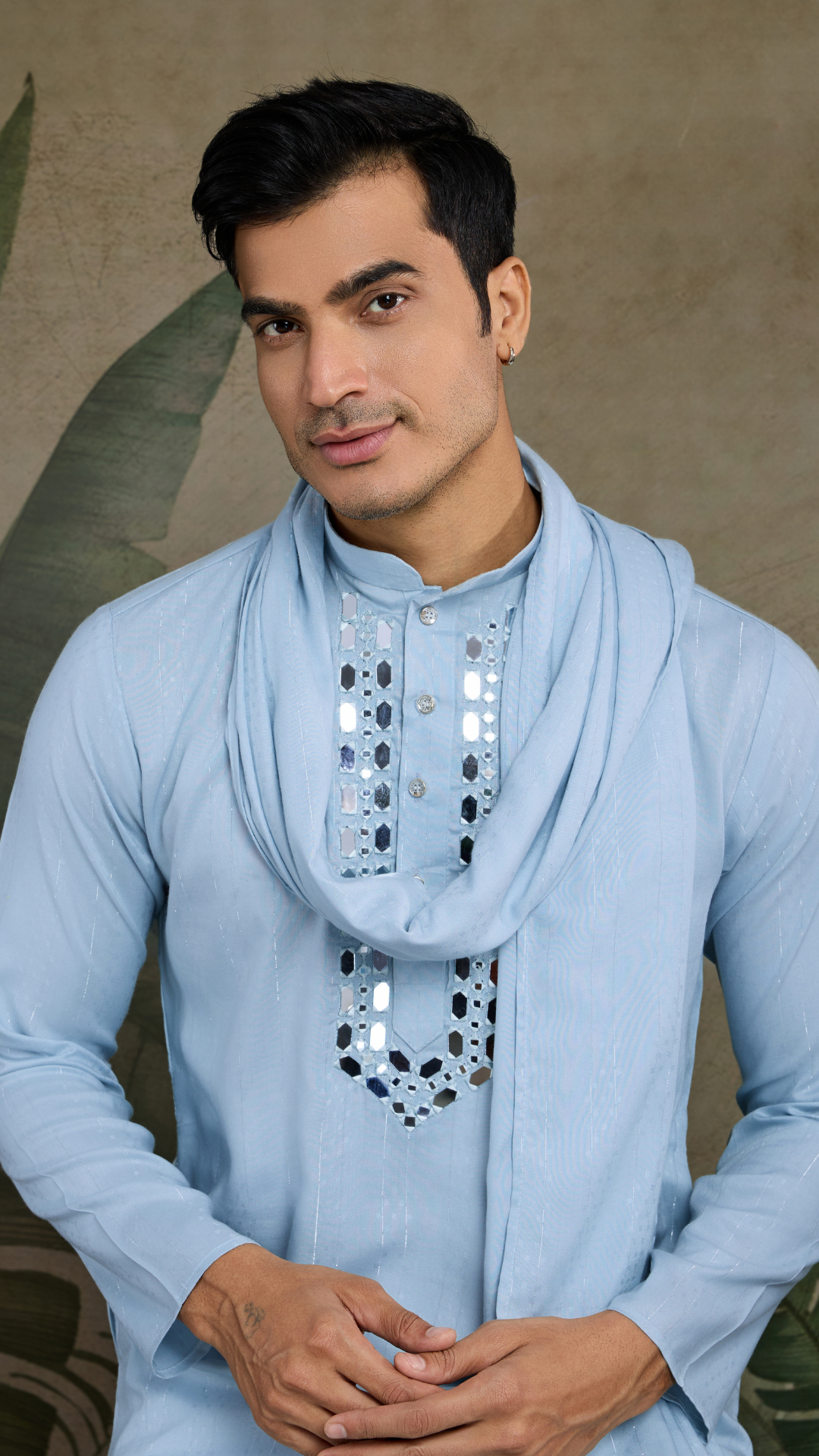 Sky Blue Designer Men's Kurta with Real Mirror Work
