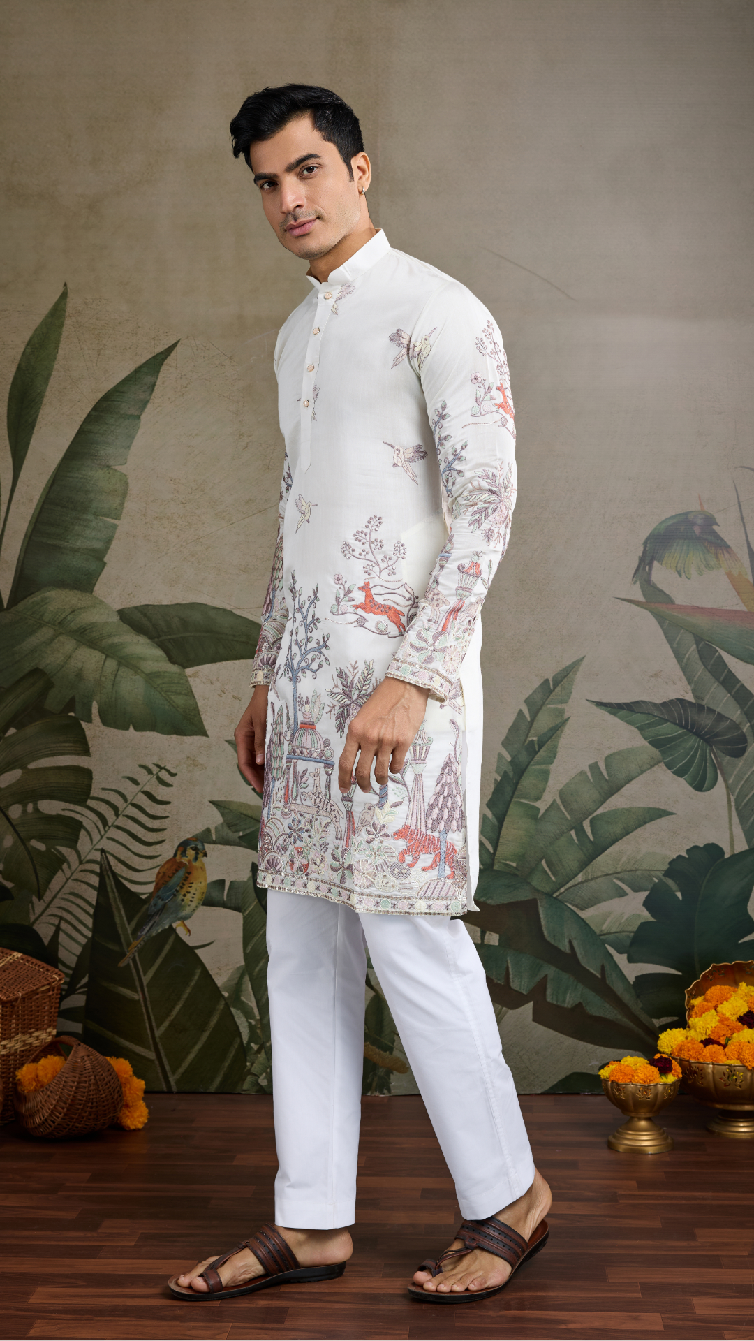 Designer White Silk printed kurta for men