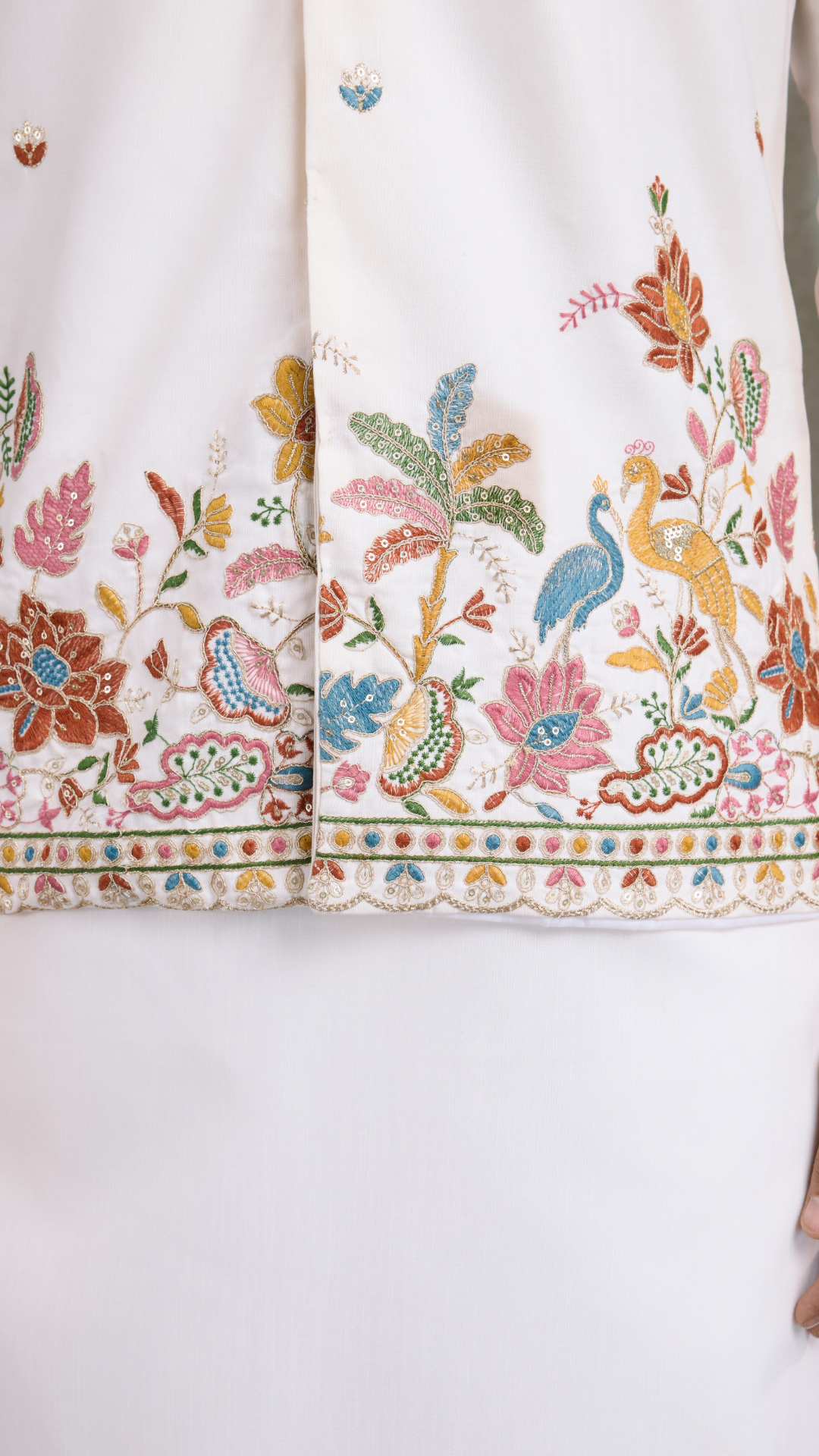 Designer White Cotton Kurta with Embroidered Koti
