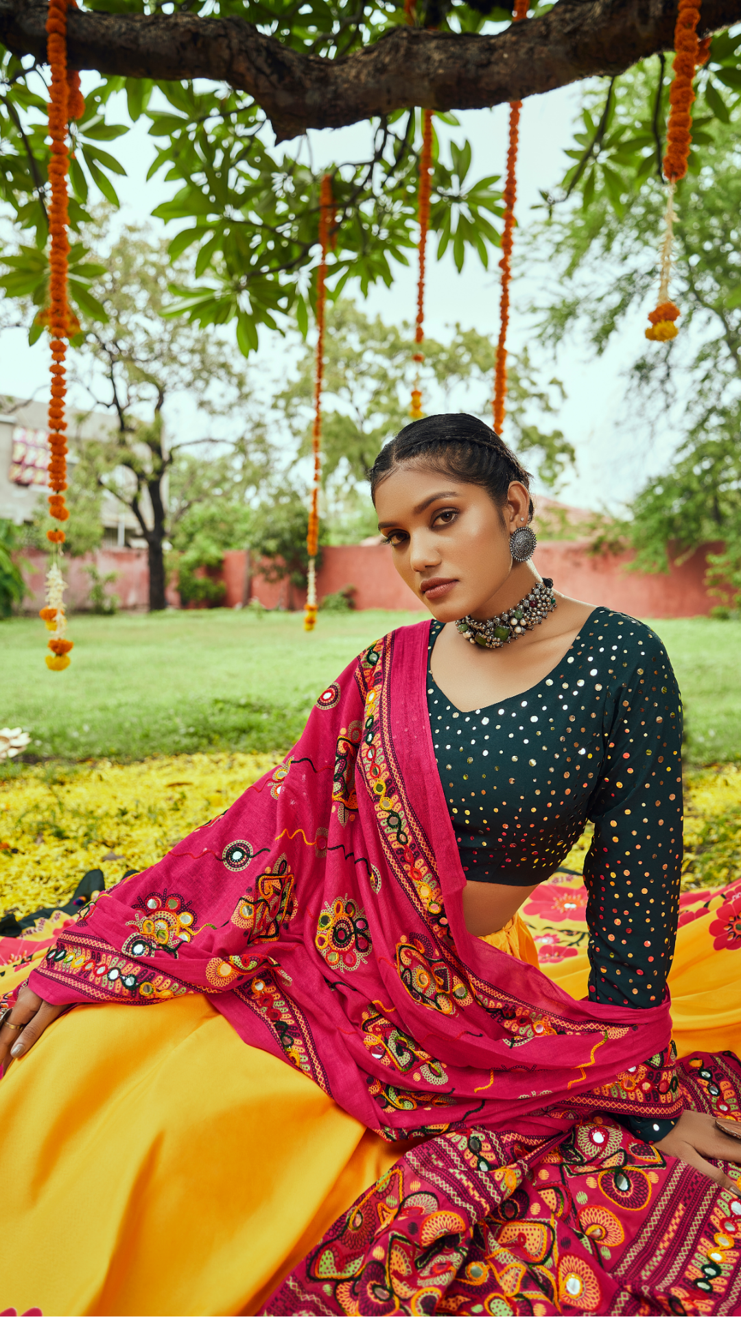 Yellow Maslin Cotton Digital Printed Work Navratri Lehenga