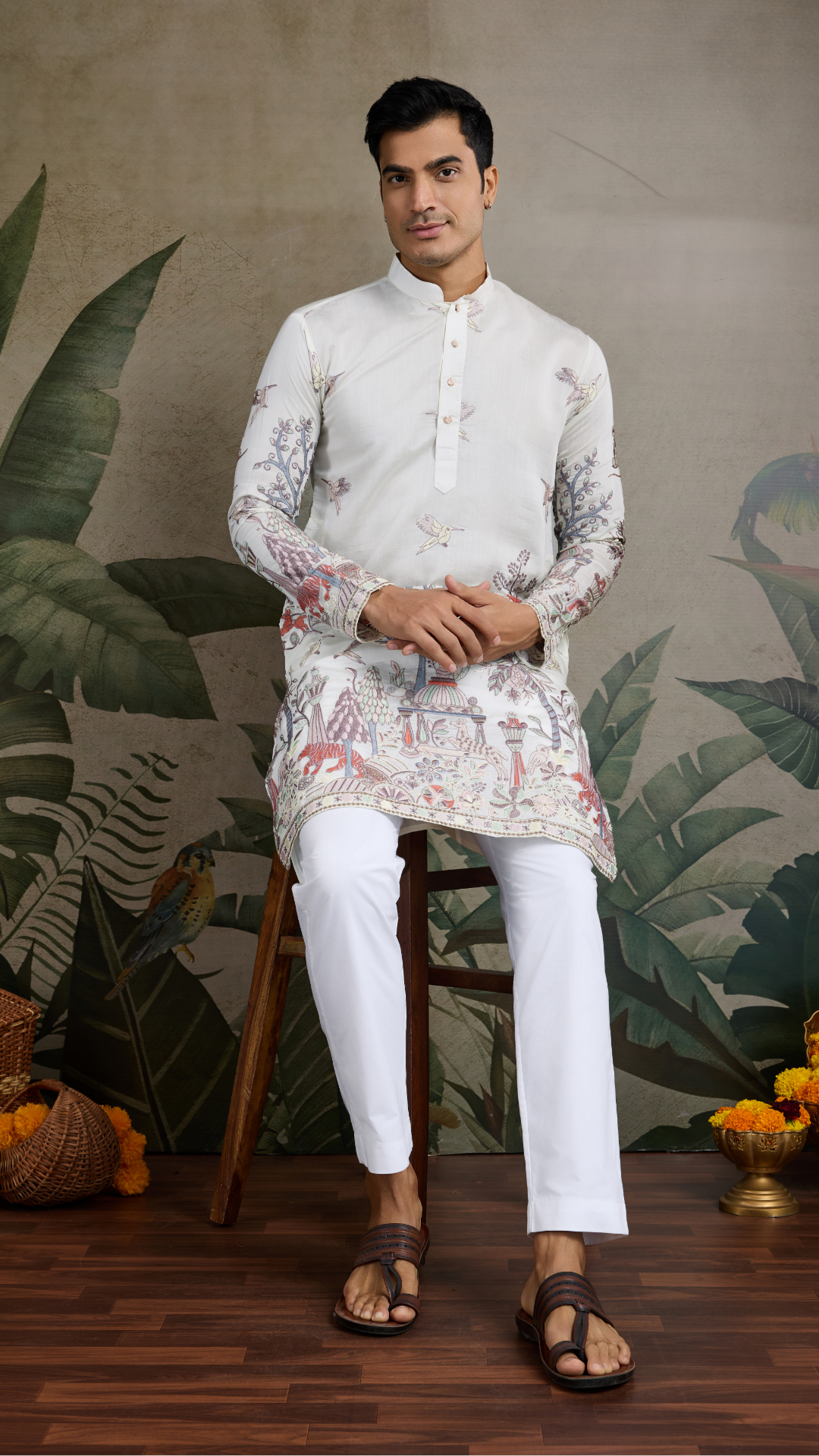Designer White Silk printed kurta for men