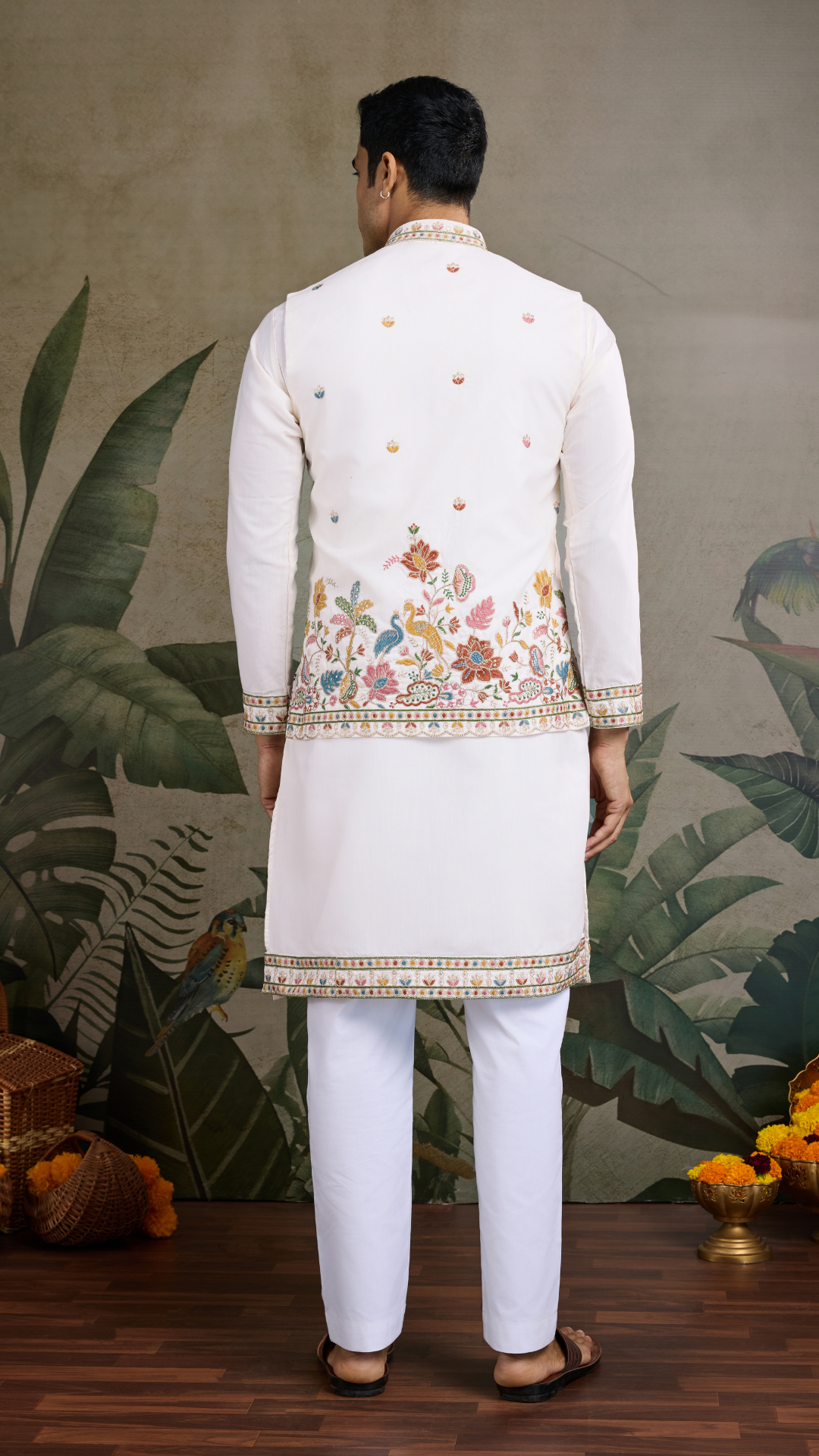 Designer White Cotton Kurta with Embroidered Koti
