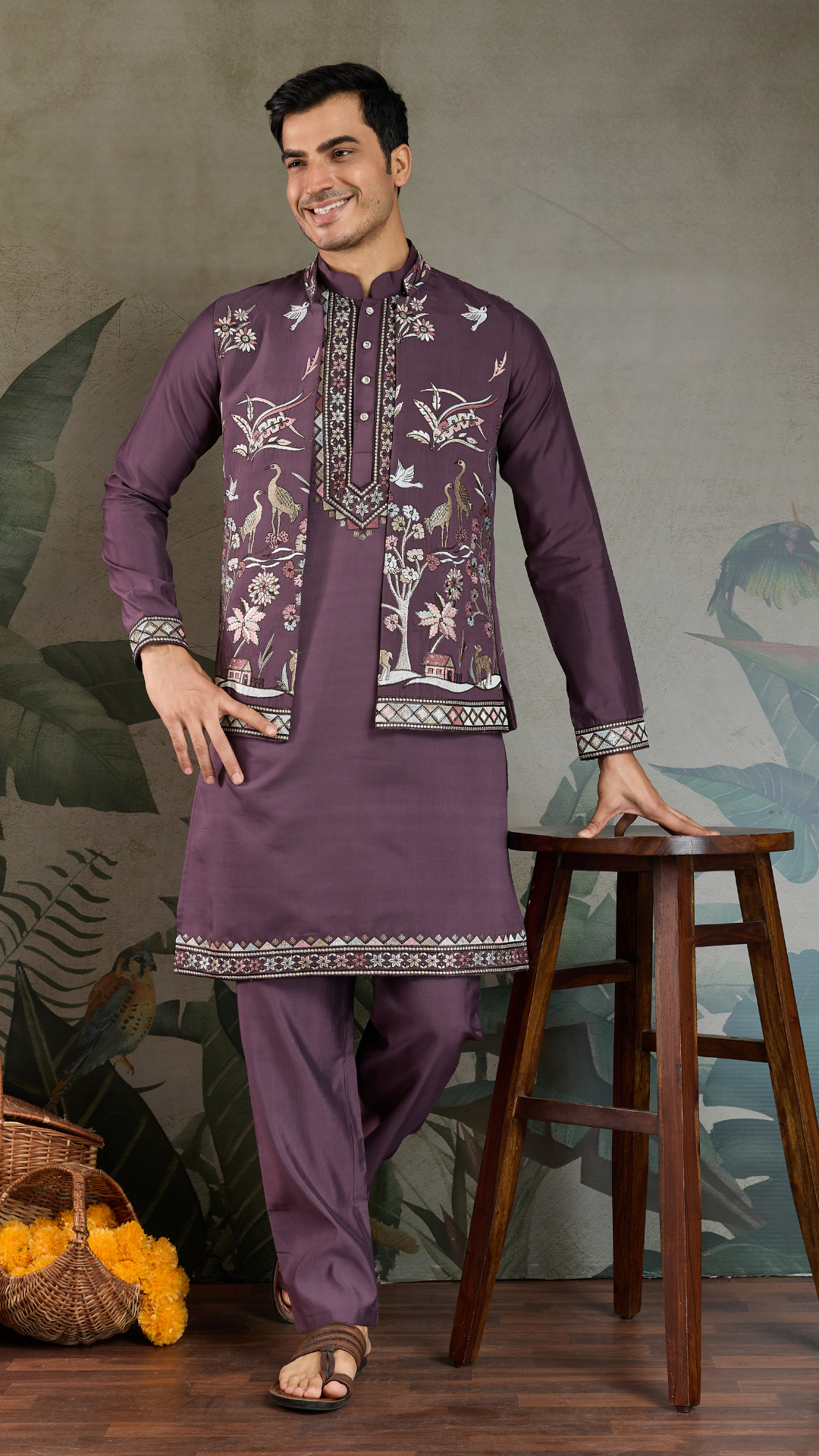 Rust Purple Open Koti Style Kurta Pajama Set for Men