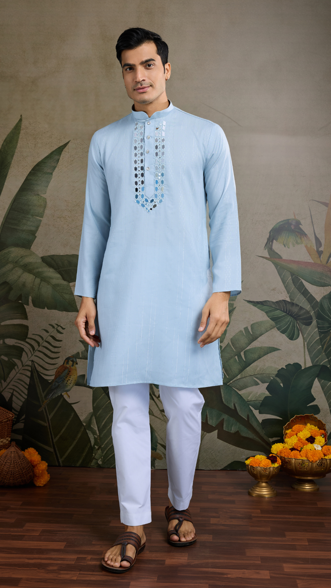 Sky Blue Designer Men's Kurta with Real Mirror Work