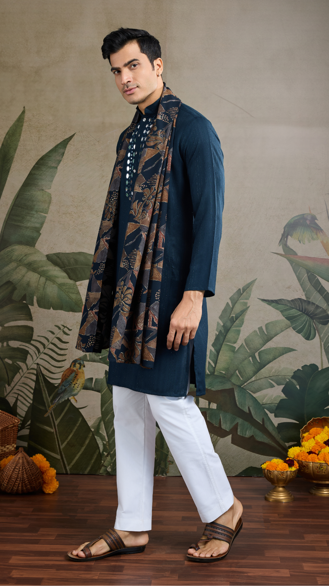 Teal Blue Viscose Rayon Kurta with Mirror Work