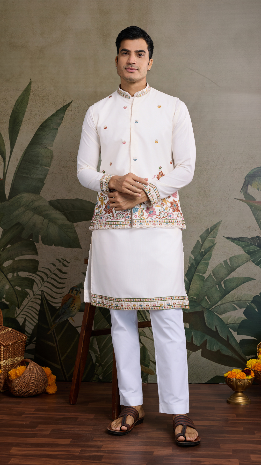 Designer White Cotton Kurta with Embroidered Koti