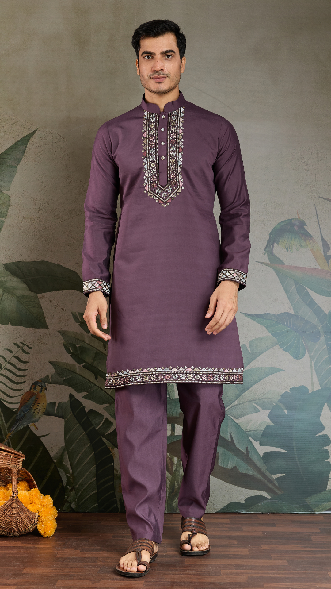 Rust Purple Open Koti Style Kurta Pajama Set for Men