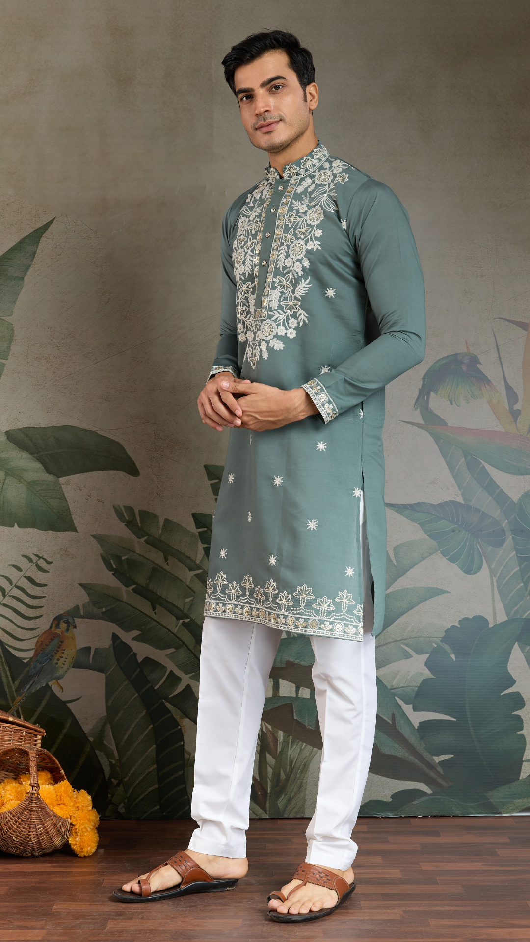 Pastel Pista Viscose Silk Embroidered Kurta for Men