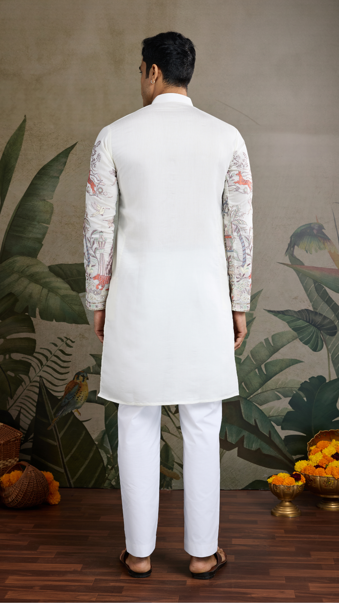 Designer White Silk printed kurta for men