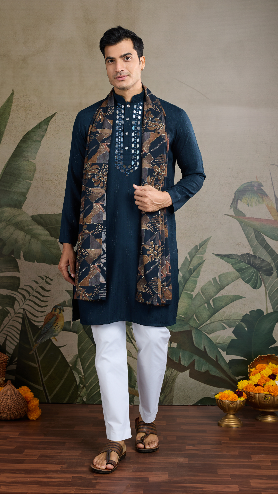 Teal Blue Viscose Rayon Kurta with Mirror Work