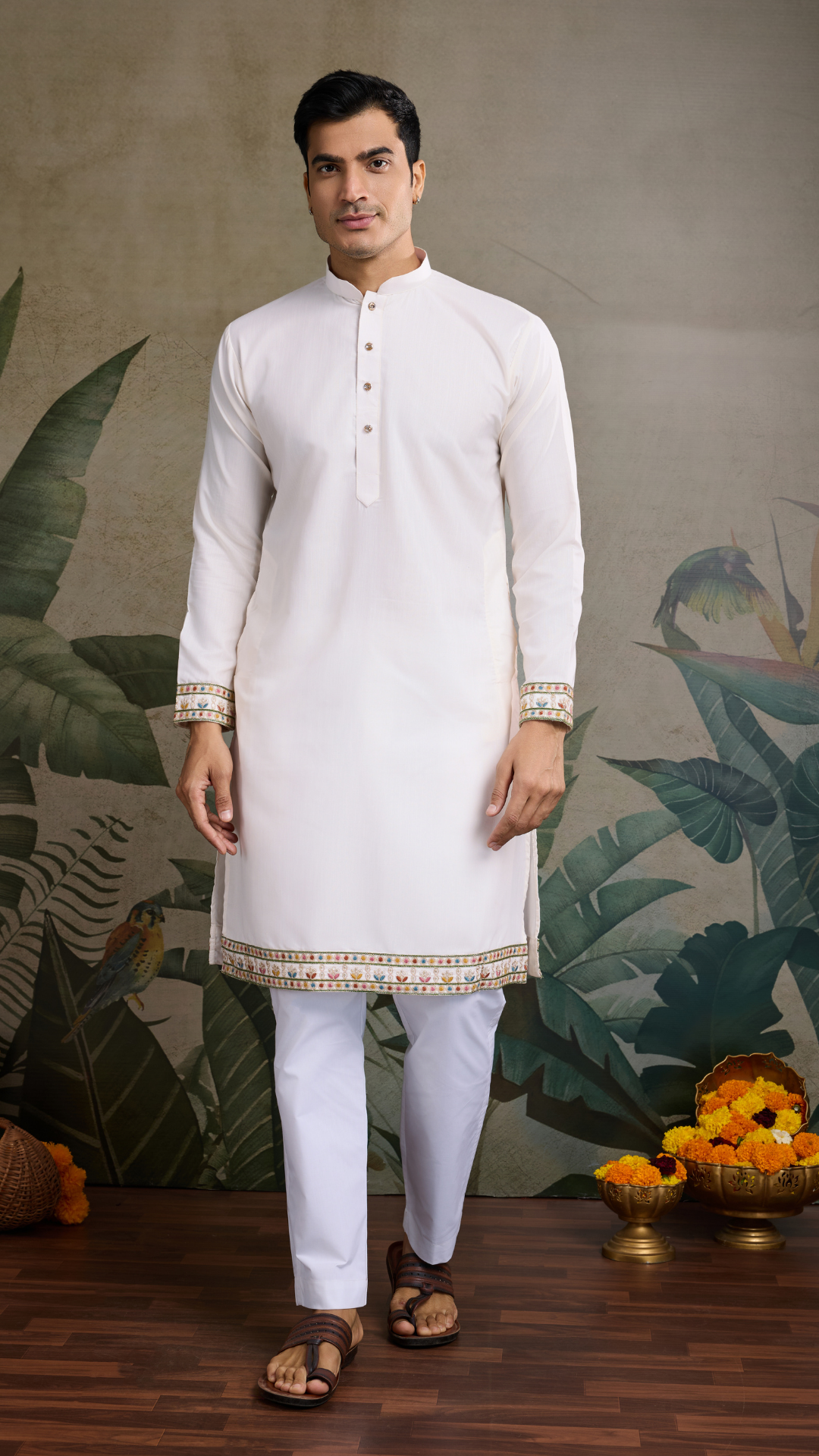 Designer White Cotton Kurta with Embroidered Koti