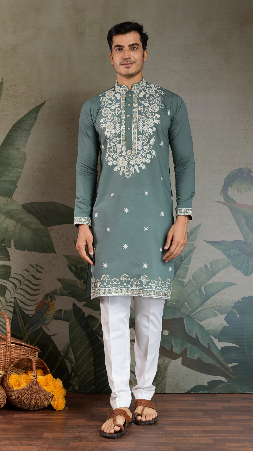 Pastel Pista Viscose Silk Embroidered Kurta for Men