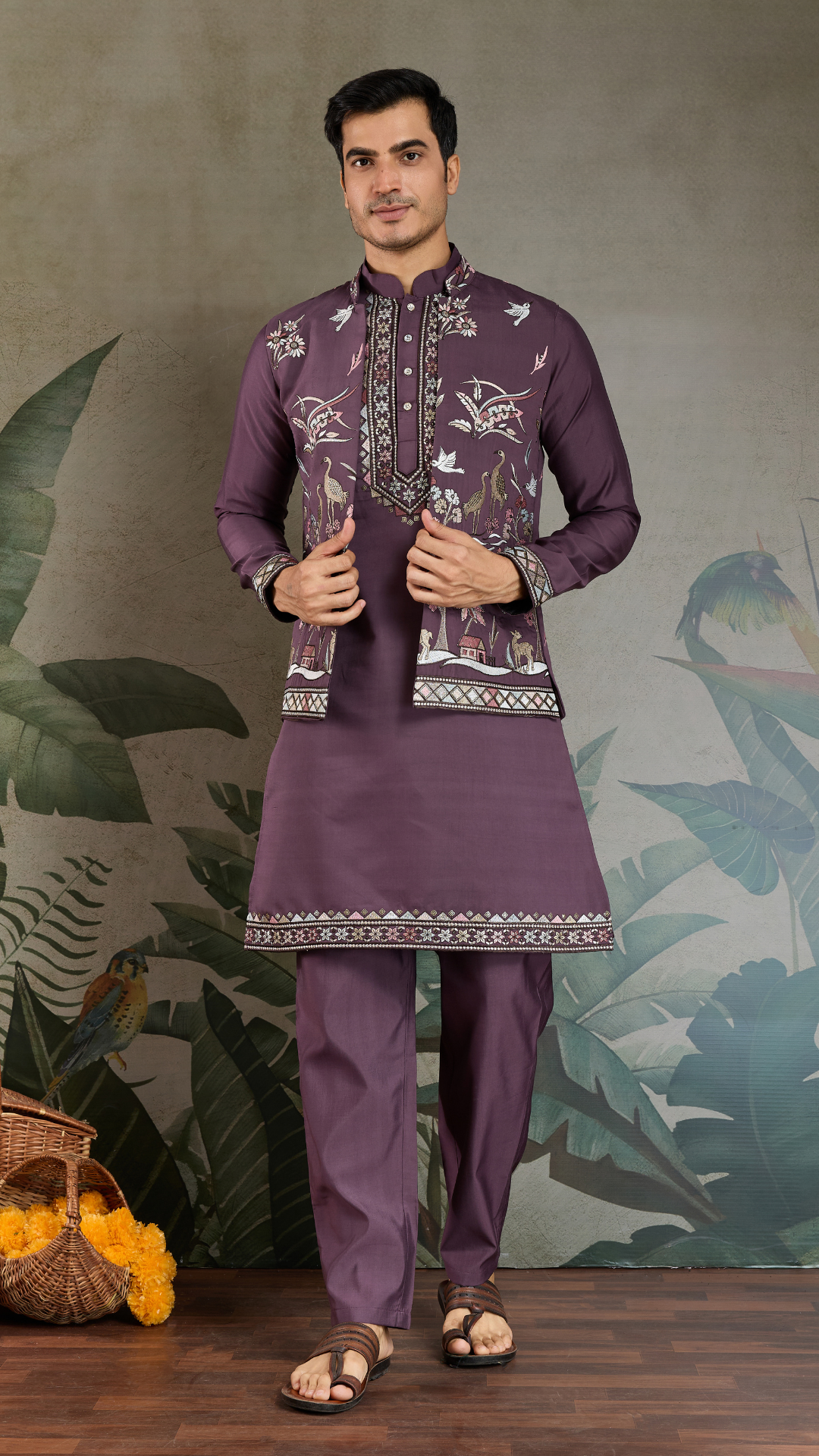 Rust Purple Open Koti Style Kurta Pajama Set for Men