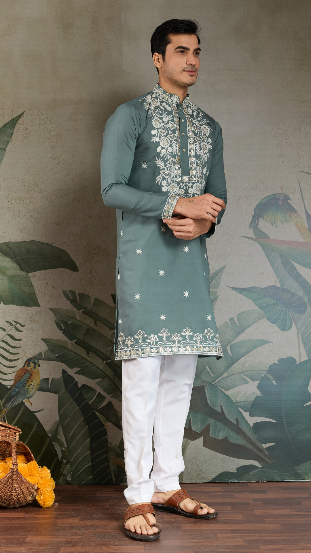 Pastel Pista Viscose Silk Embroidered Kurta for Men