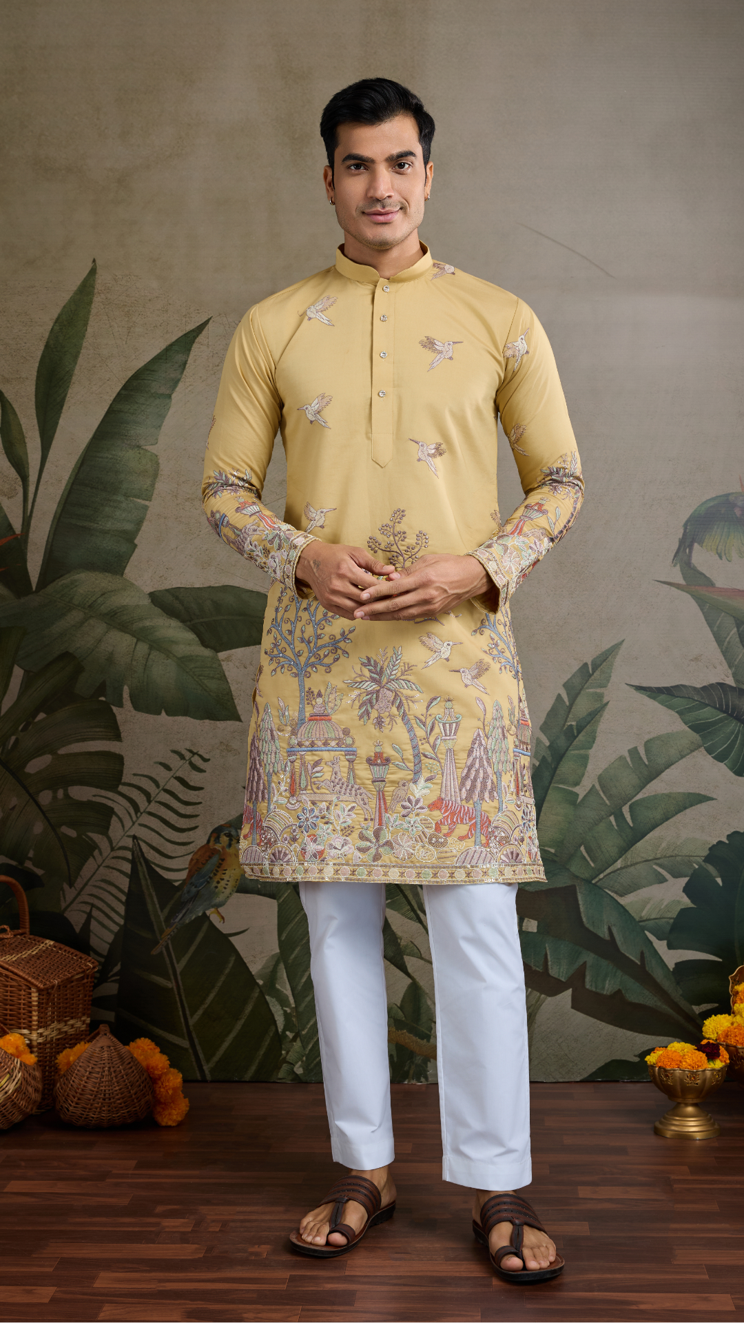 Yellow Viscose Silk Mens kurta for haldi ceremony