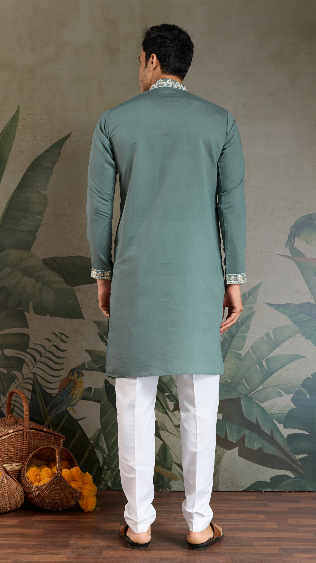 Pastel Pista Viscose Silk Embroidered Kurta for Men