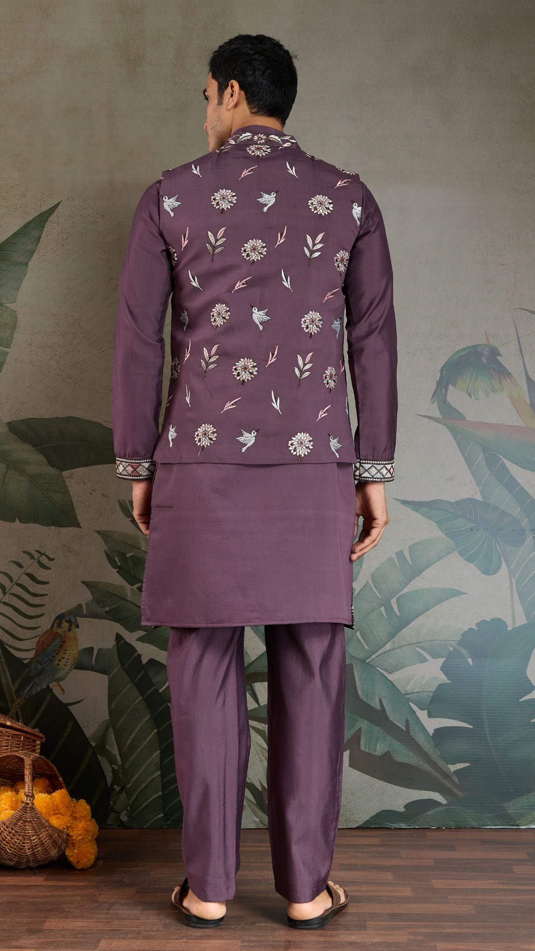 Rust Purple Open Koti Style Kurta Pajama Set for Men