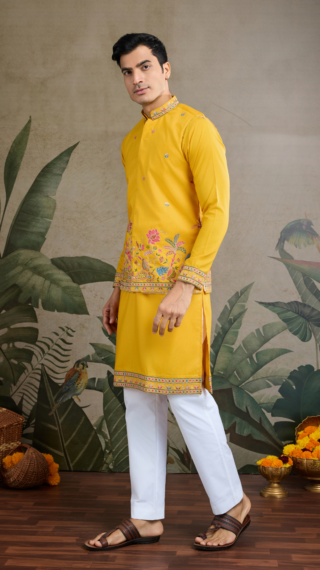 Designer Yellow Cotton Kurta with Koti Jacket Online