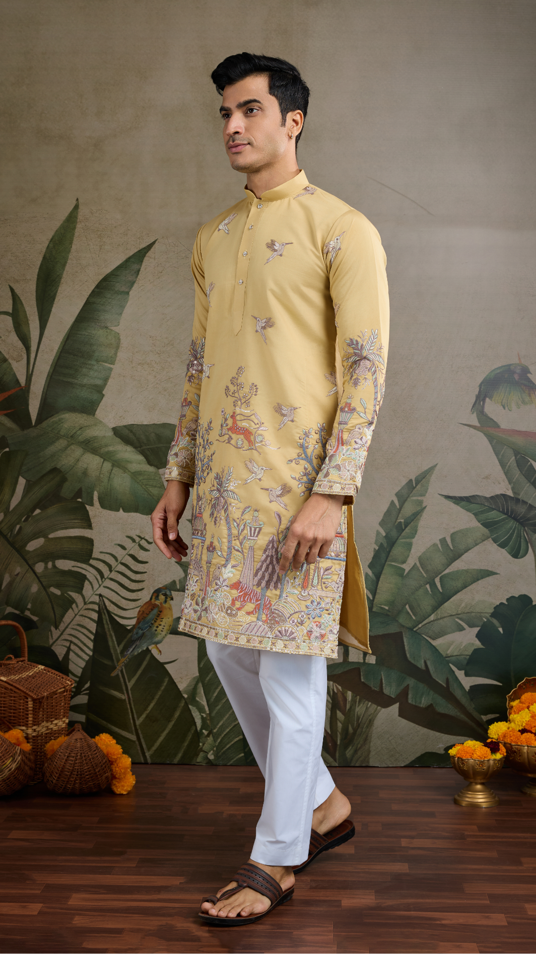 Yellow Viscose Silk Mens kurta for haldi ceremony