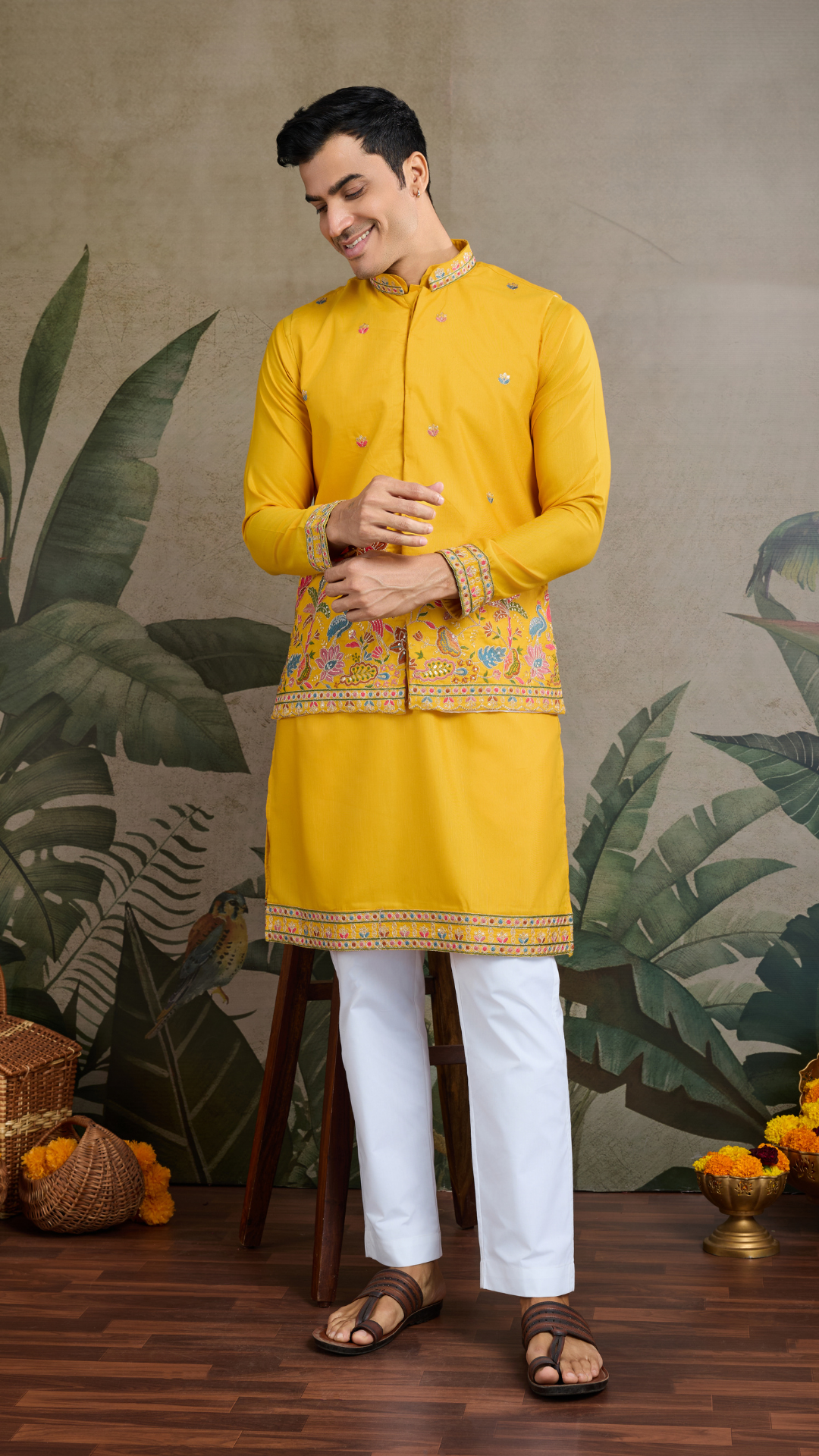 Designer Yellow Cotton Kurta with Koti Jacket Online