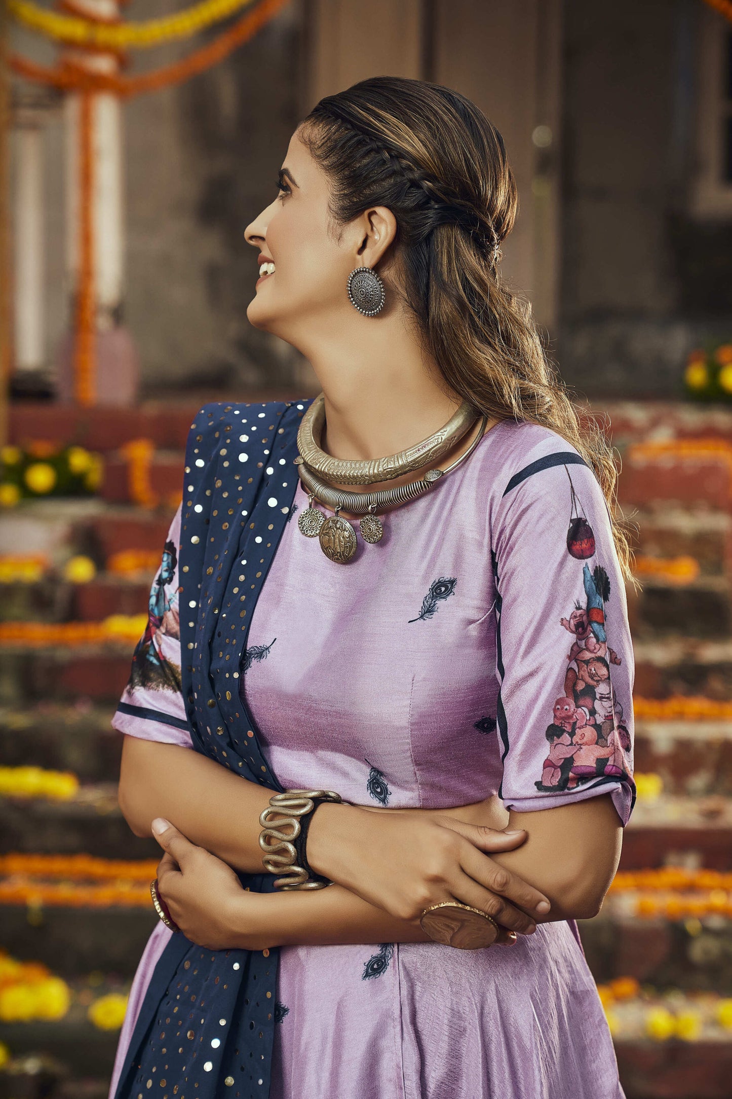 Dusty Pink Silk Digital Printed Work Navratri Lehenga