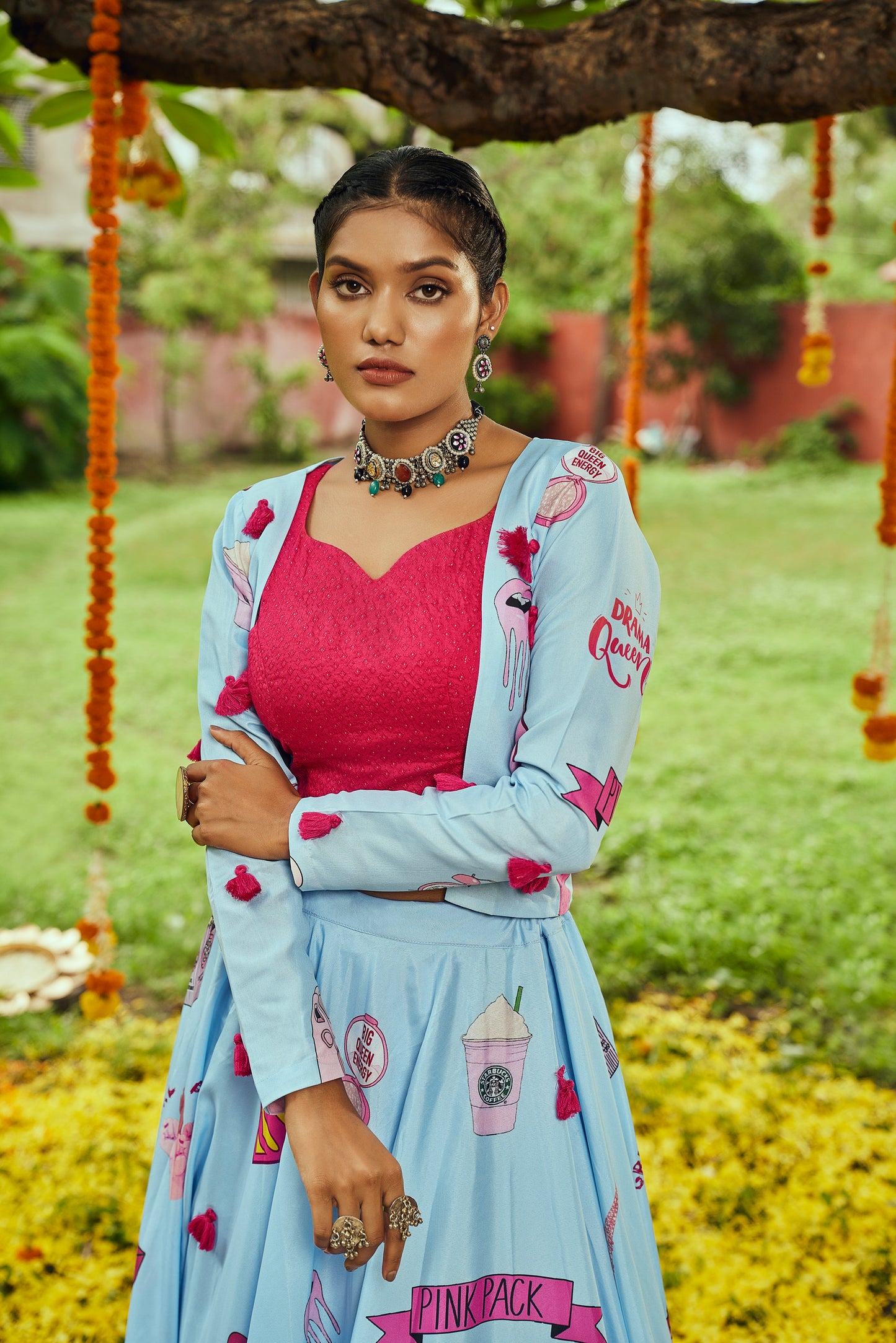 Sky Maslin Cotton Digital Printed With Tessals Pasting Work Navratri Lehenga