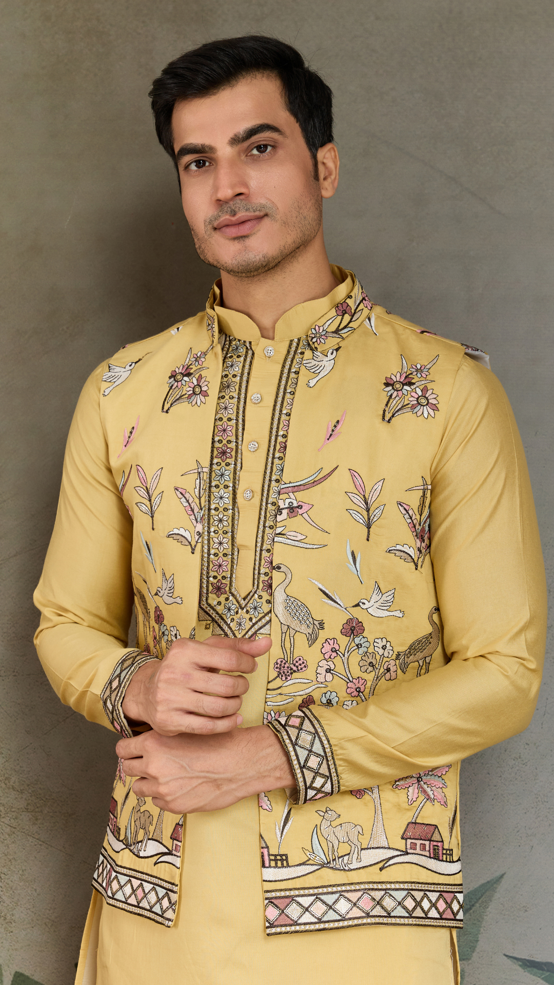 Haldi Special Yellow Kurta Pajama with Open Jacket for Men