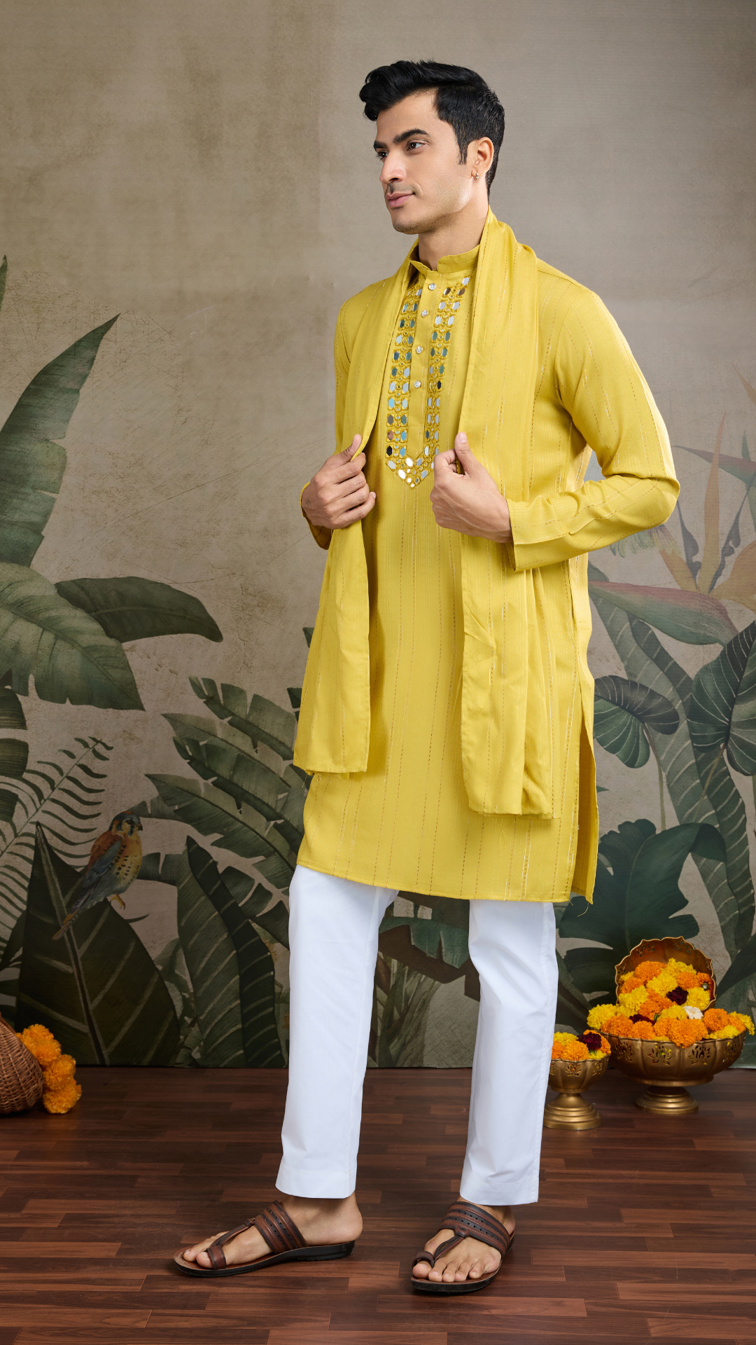 Stylish Look Perfect Haldi Yellow Color Men's Kurta with Dupatta