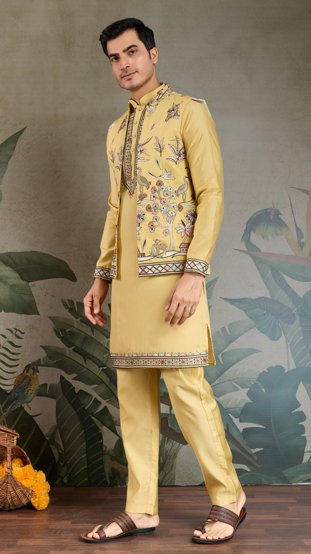 Haldi Special Yellow Kurta Pajama with Open Jacket for Men