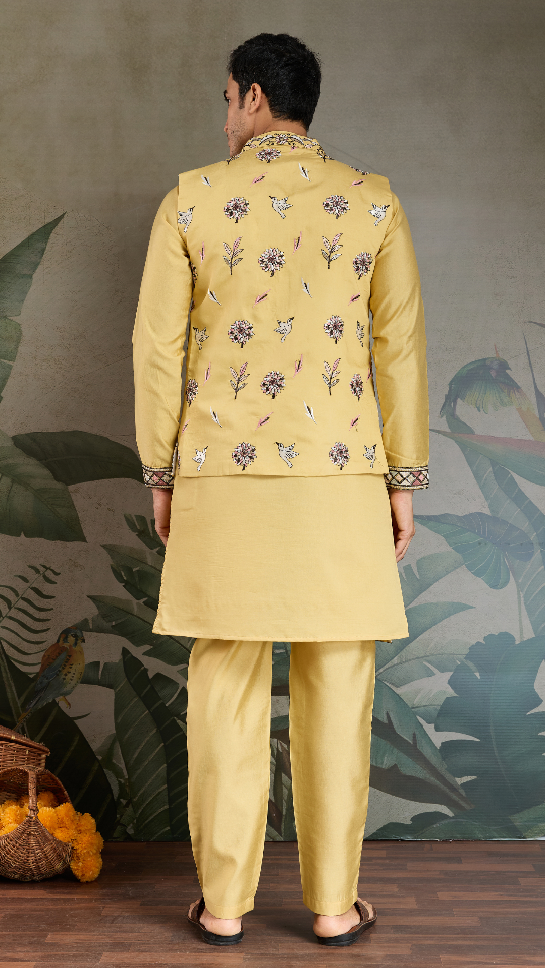 Haldi Special Yellow Kurta Pajama with Open Jacket for Men