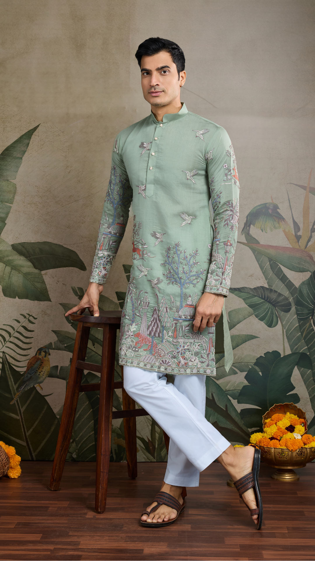 Premium Pista Green Viscose Silk party wear kurta for men