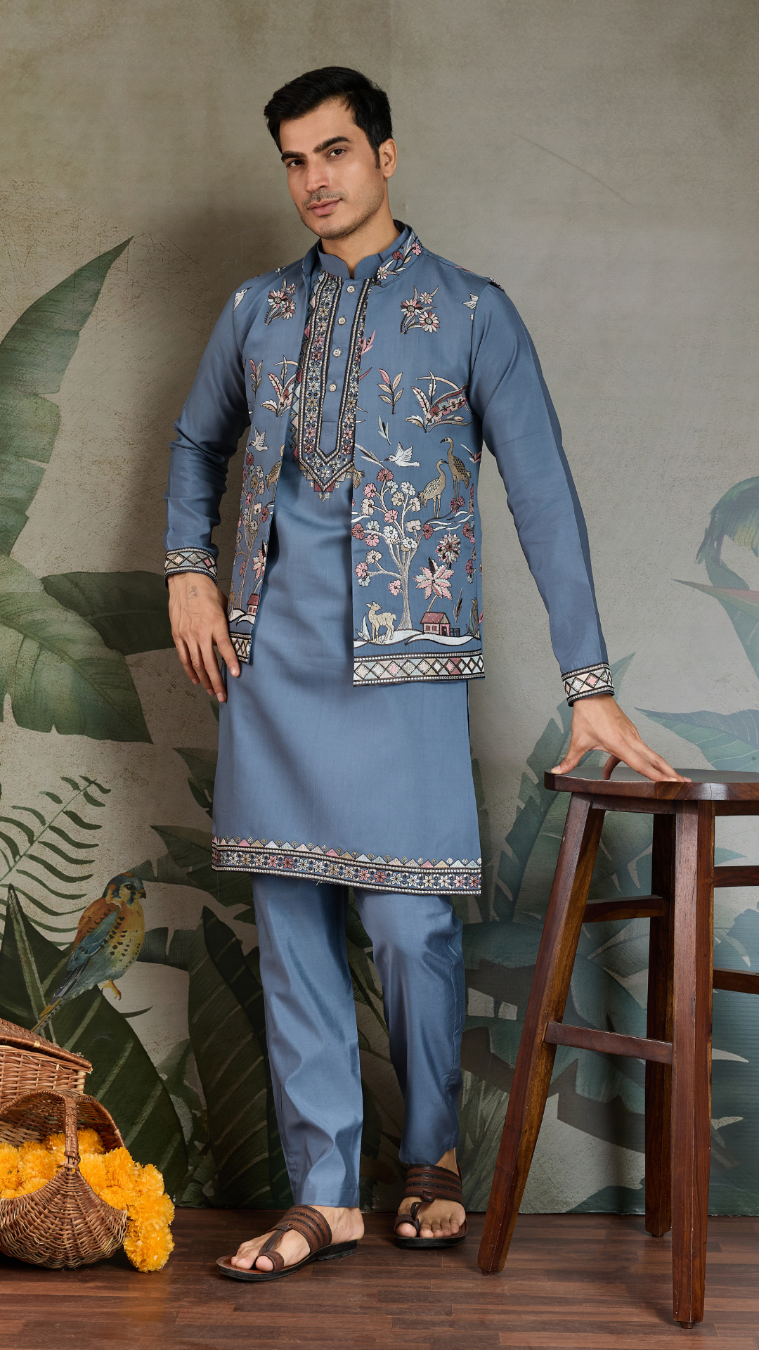 Blue Gray Open Koti Style Full Kurta Pajama Set for Men