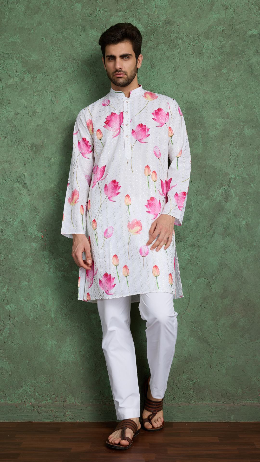 Ethnic Style White & Pink Designer Kurta for Men