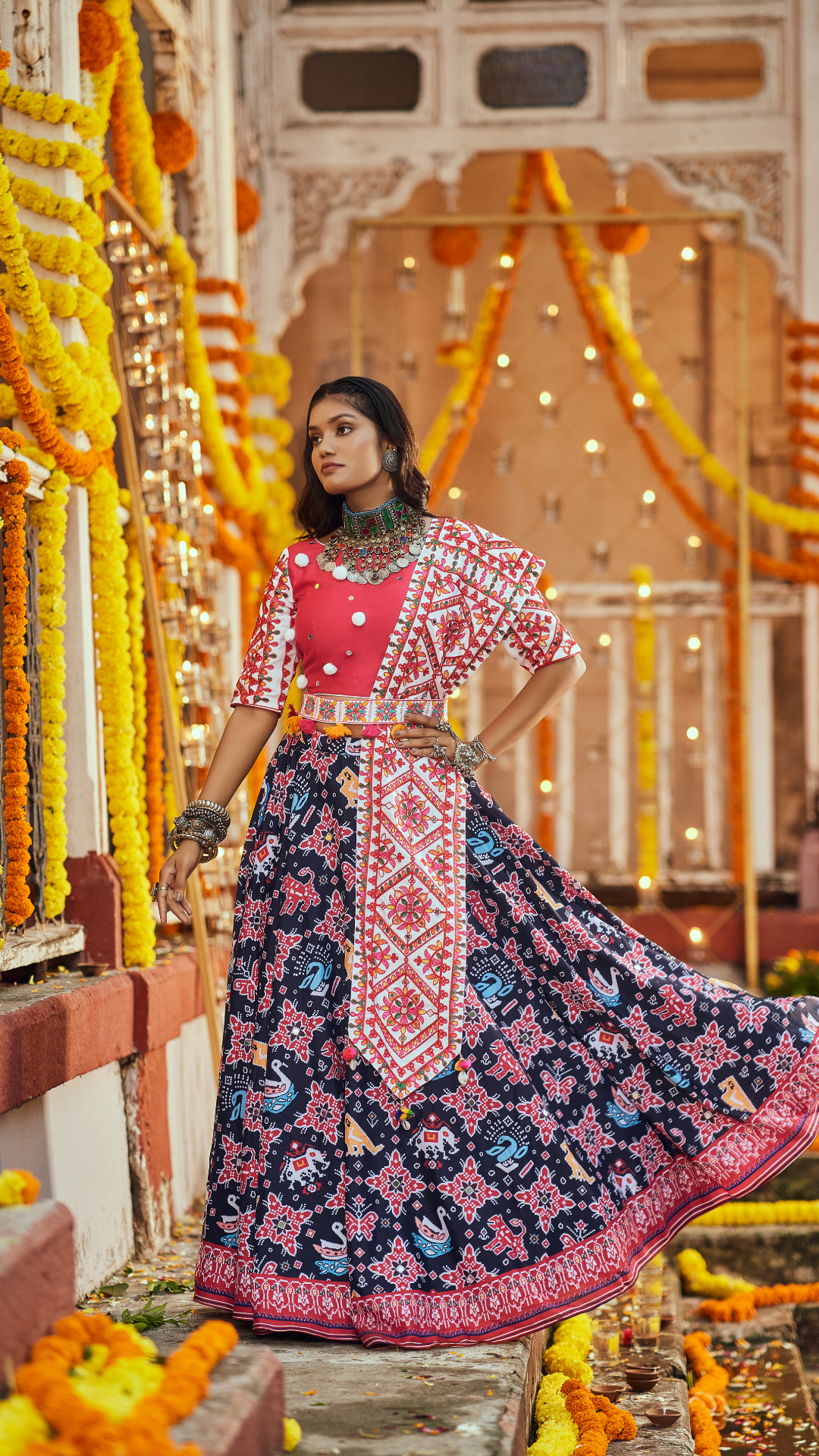 Black Maslin Cotton Digital Printed Work Navratri Lehenga