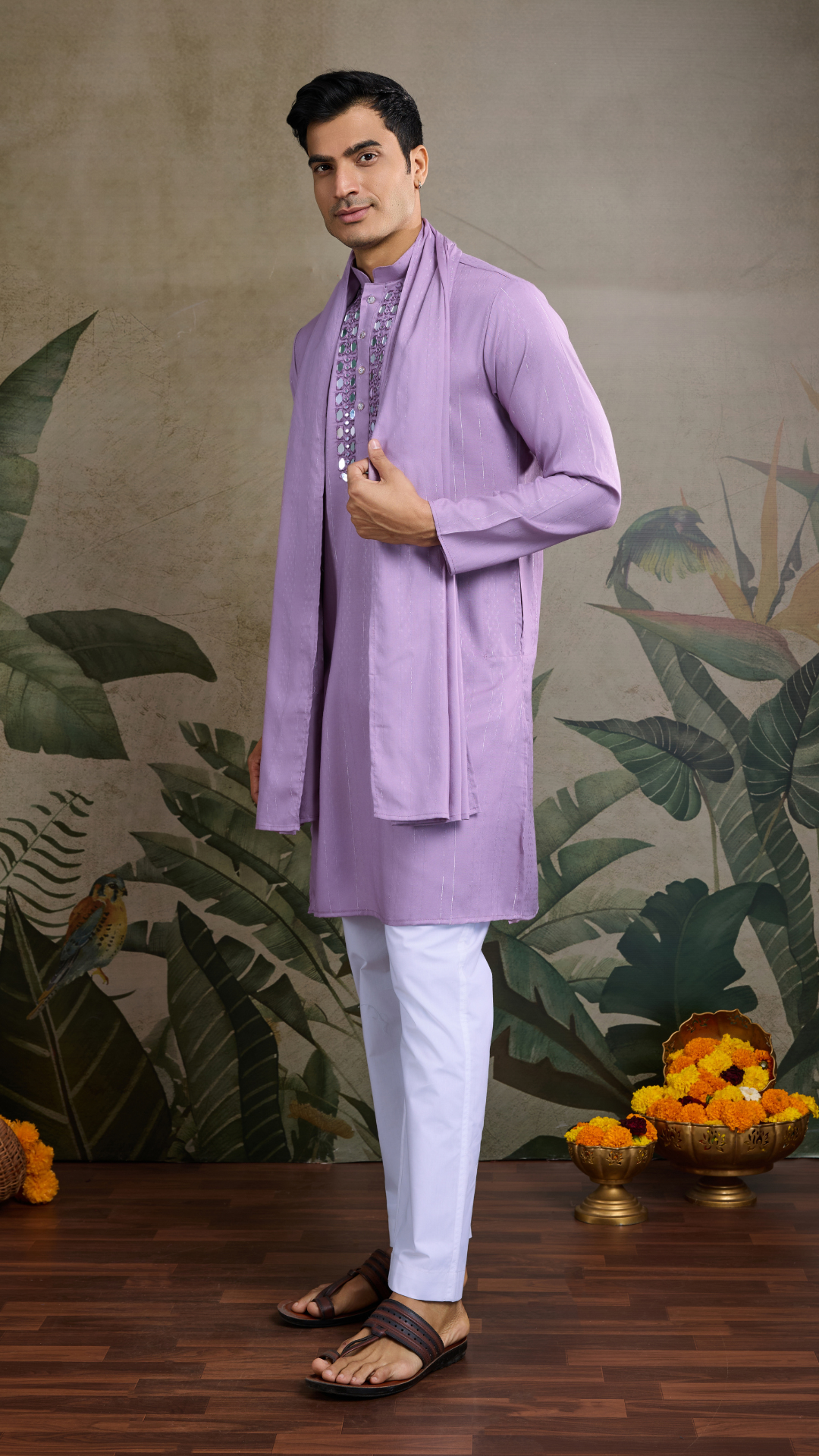 Dusty Pink Mirror Work Kurta for Men - Designer Wear