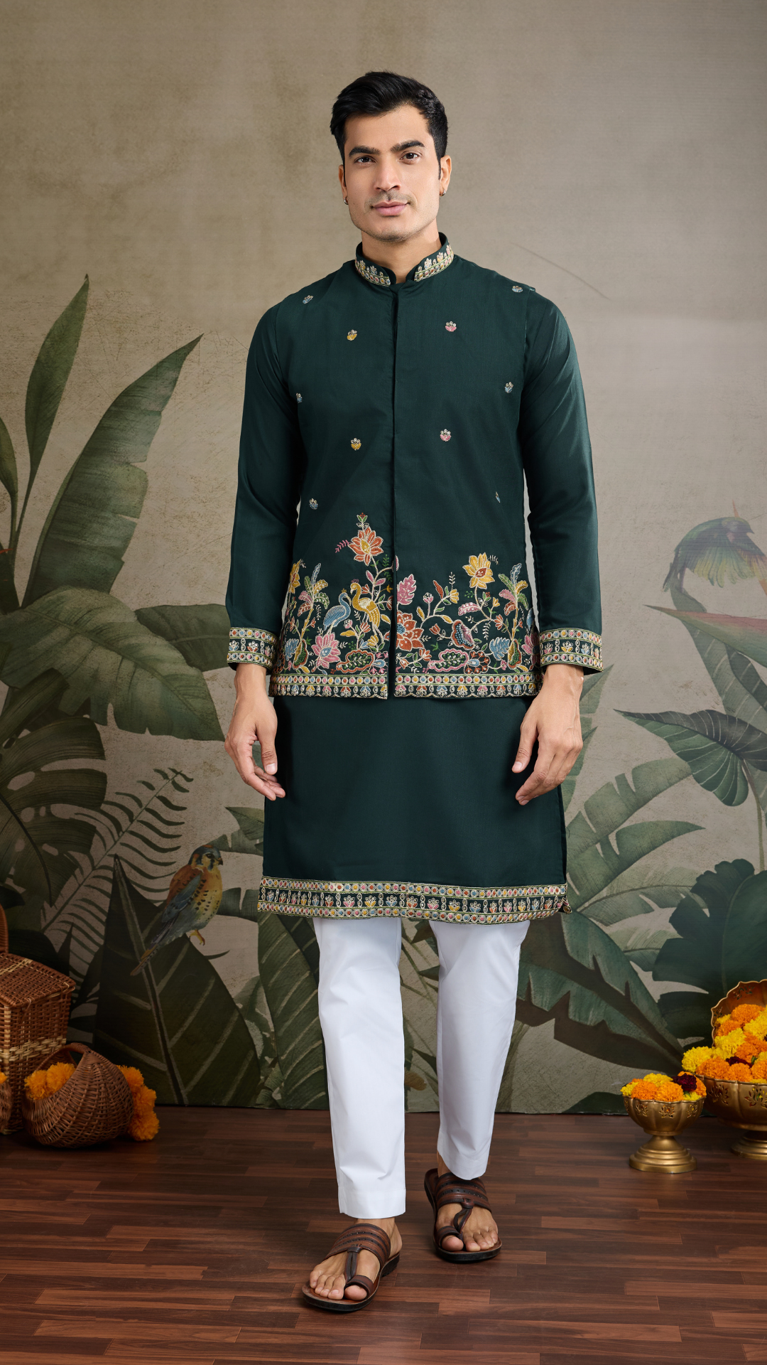 Stylish Green Men's Kurta Koti Set – Trendy & Elegant