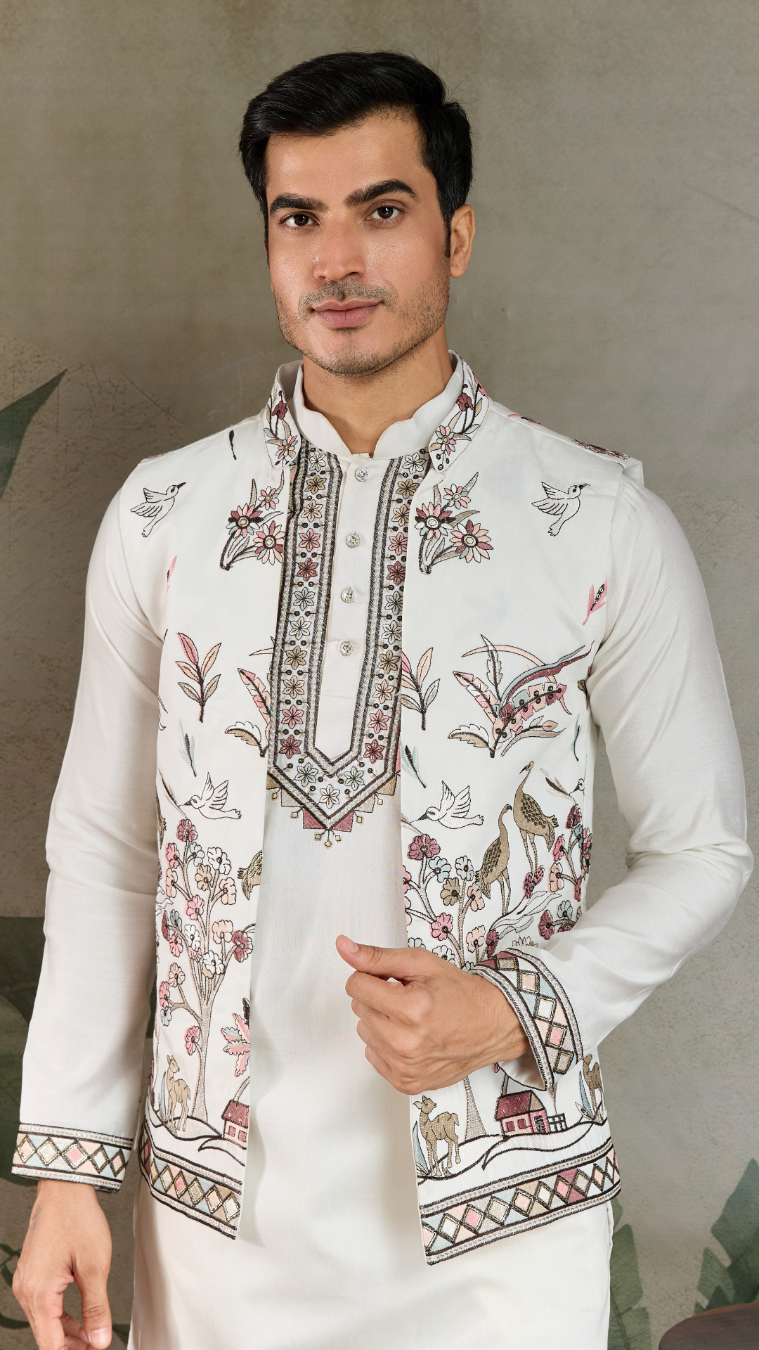 Wedding Special White Jacket Style Kurta Pajama Full Set