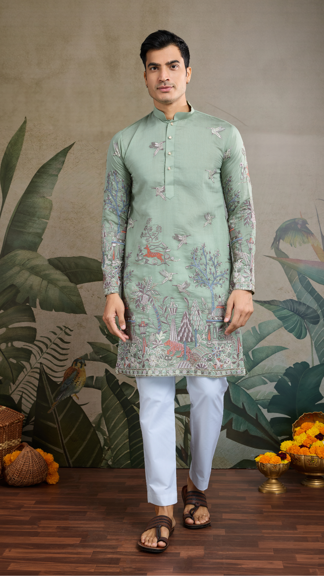 Premium Pista Green Viscose Silk party wear kurta for men