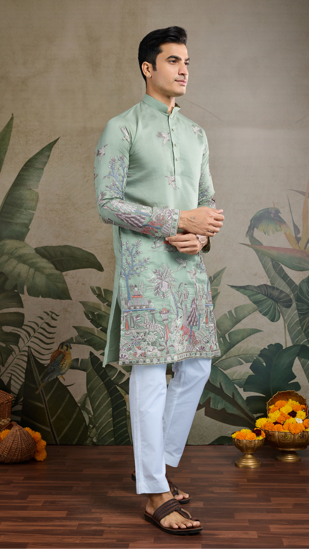 Premium Pista Green Viscose Silk party wear kurta for men