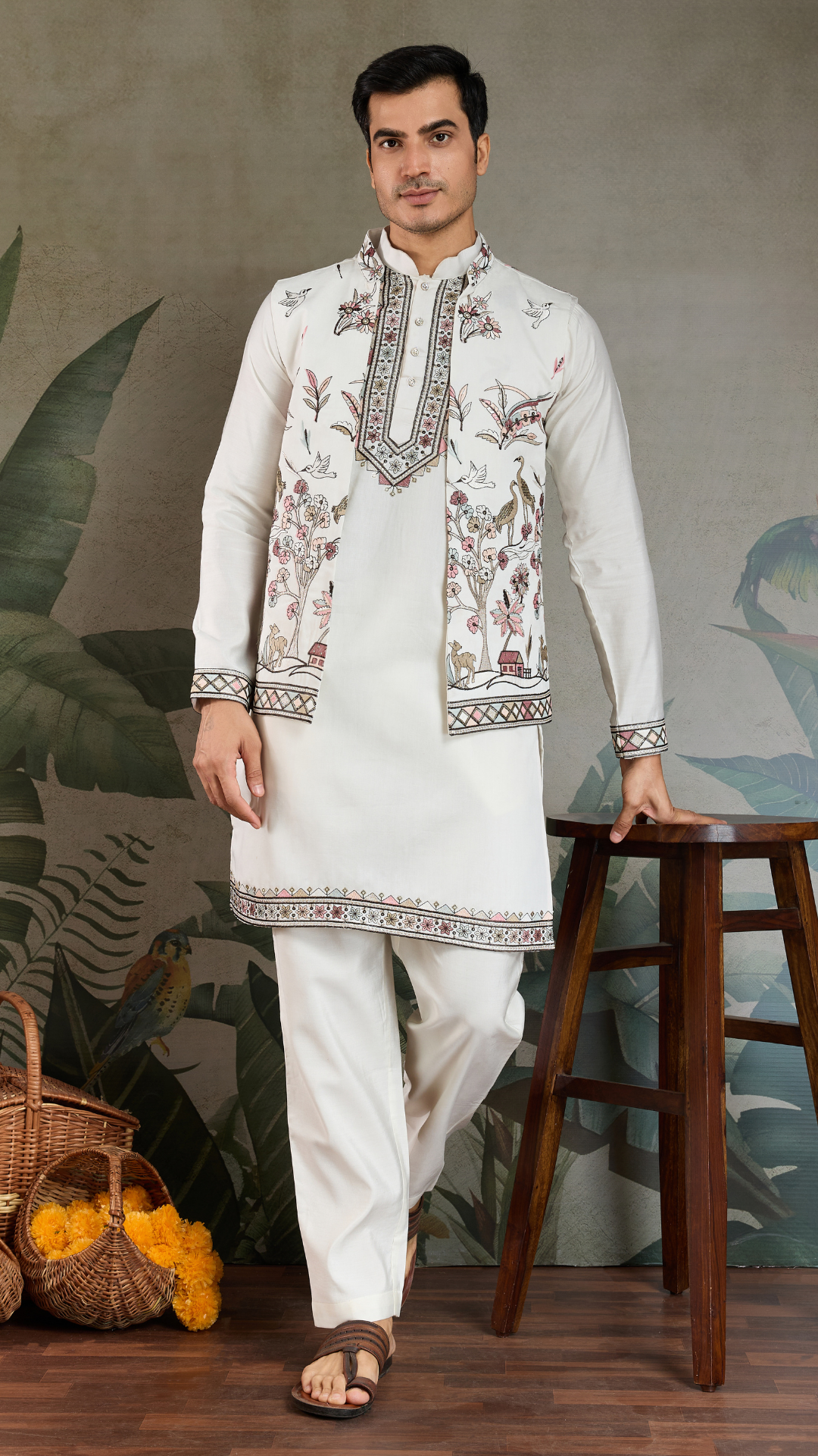 Wedding Special White Jacket Style Kurta Pajama Full Set