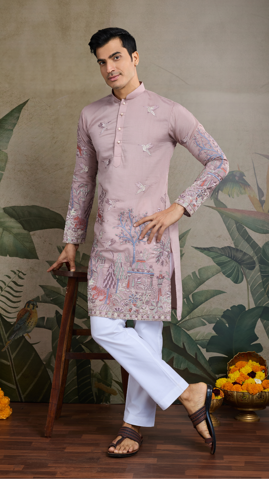 Designer Peach Viscose Silk fancy kurtas for men