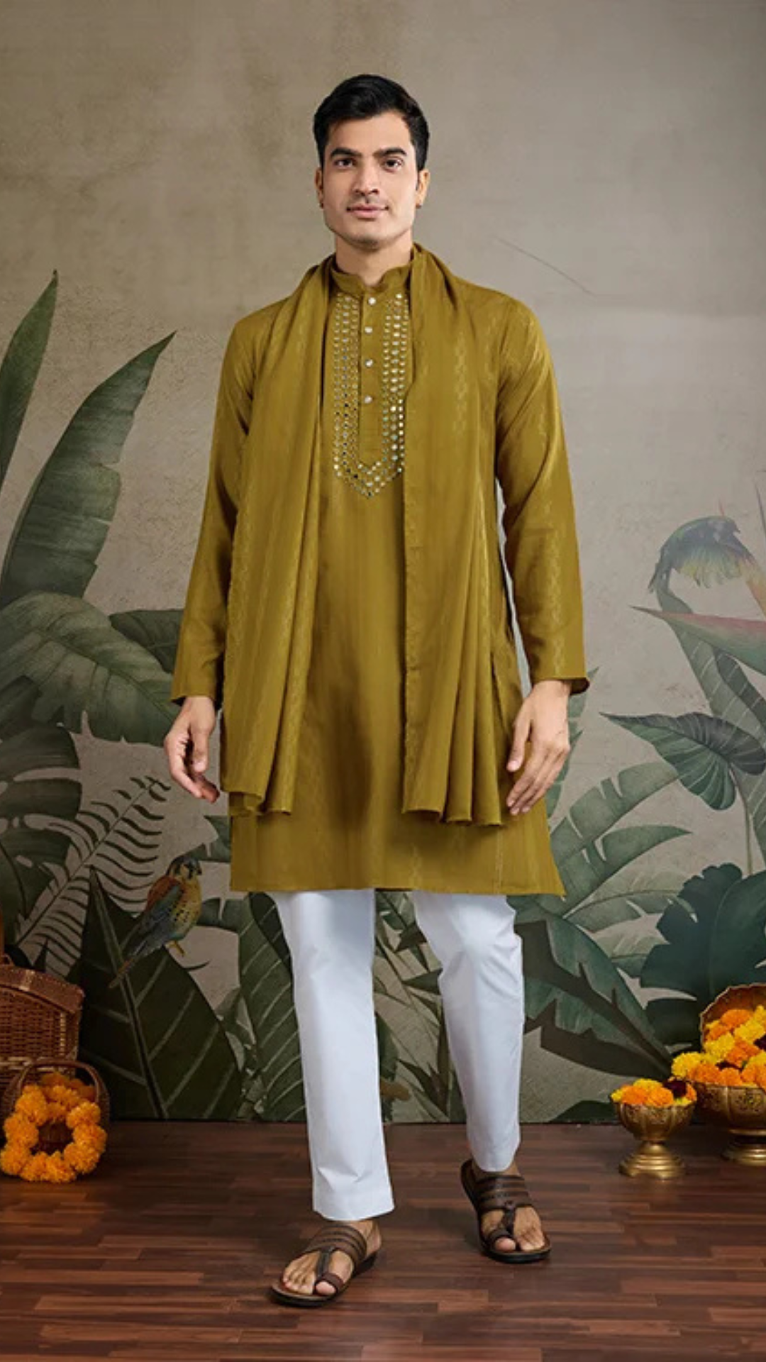 Silk Party Wear Rust Yellow Jari Work Kurta & Dupatta for Men's
