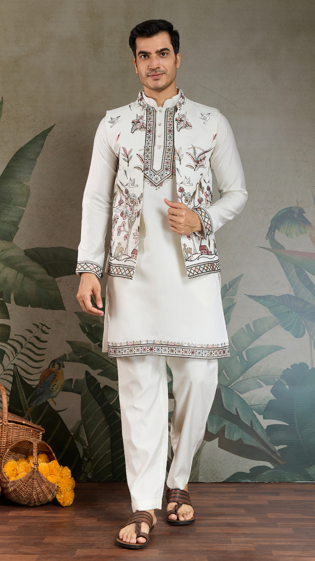 Wedding Special White Jacket Style Kurta Pajama Full Set