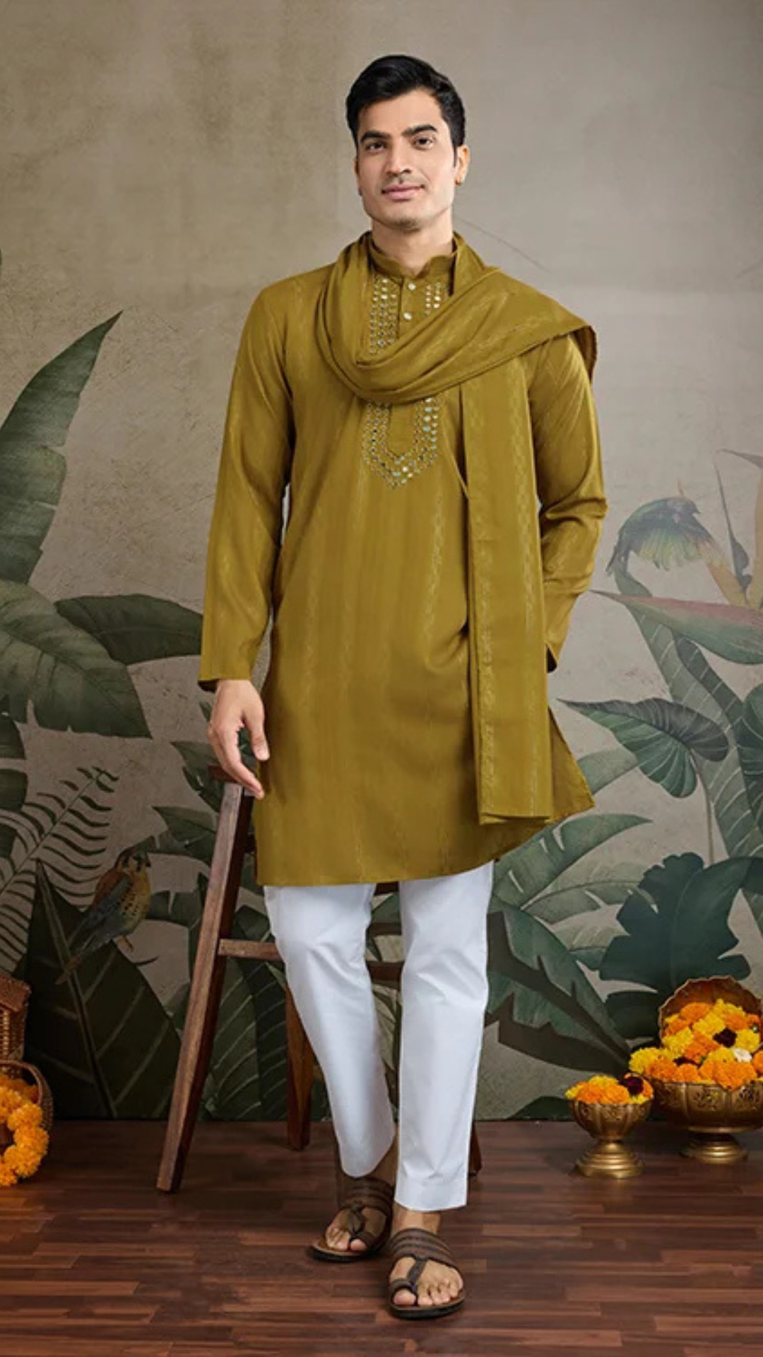 Silk Party Wear Rust Yellow Jari Work Kurta & Dupatta for Men's