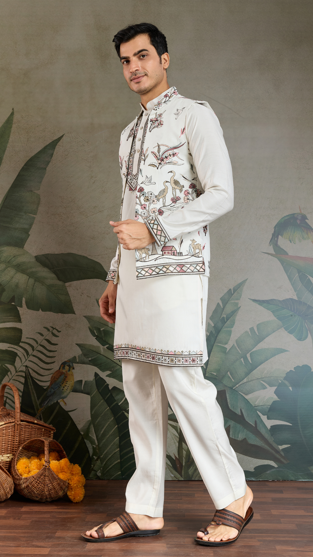 Wedding Special White Jacket Style Kurta Pajama Full Set