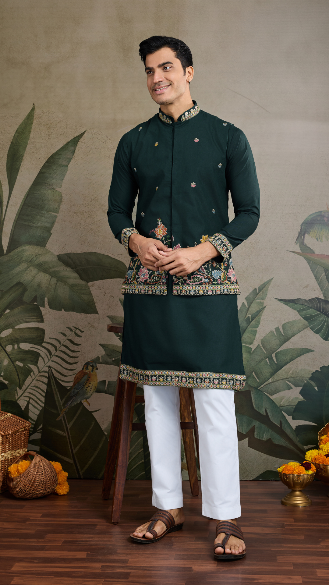 Stylish Green Men's Kurta Koti Set – Trendy & Elegant